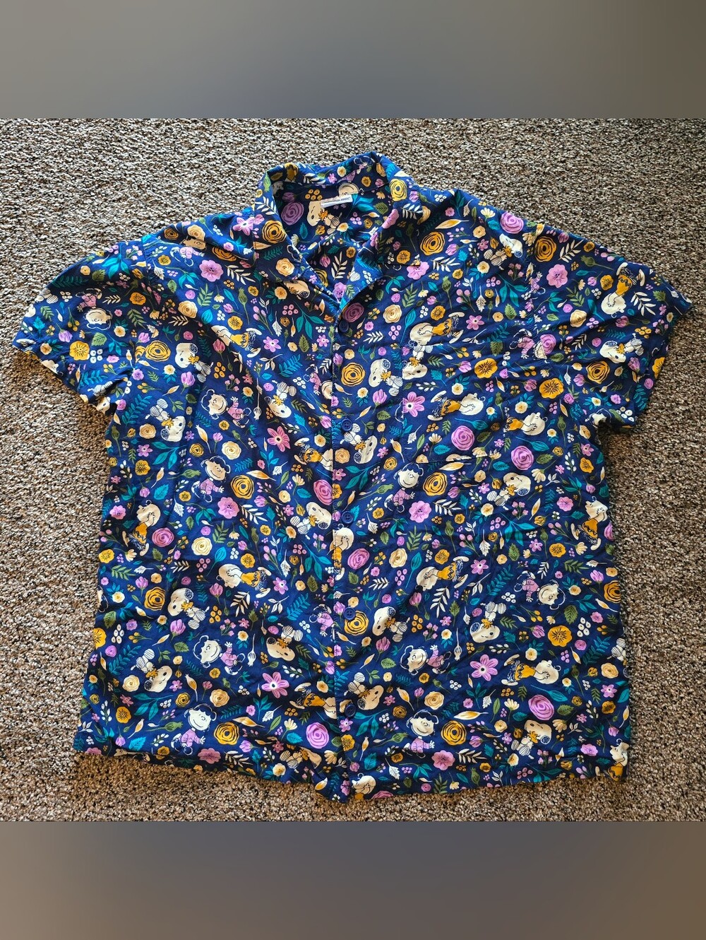 Peanuts Snoopy Woodstock Floral Rayon Hawaiian Shirt Men's XL Casual Button EC